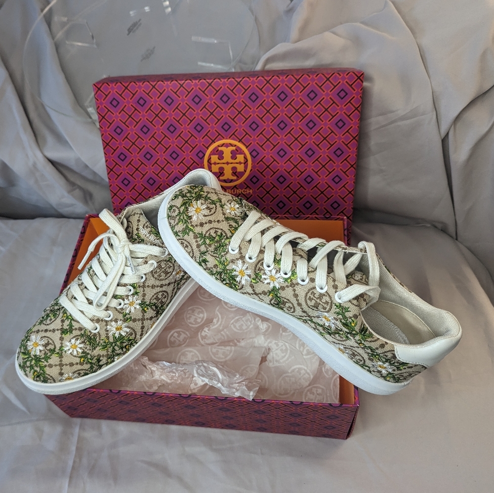 TORY BURCH Women Sneakers Howell T-Monogram Court Sz 8.5 M Brown/Green w Daisies